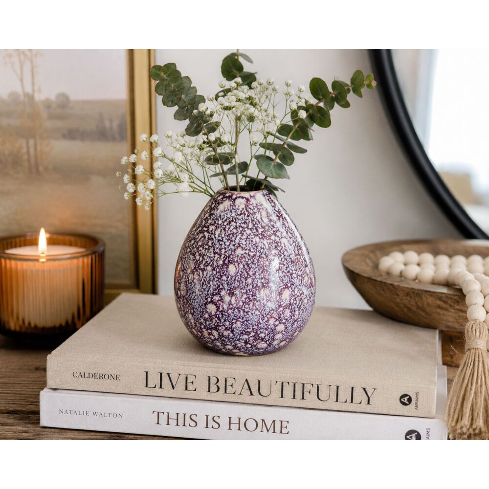 Anthropologie Purple Speckled Ceramic Bud Vase | Modern Stoneware Decorative